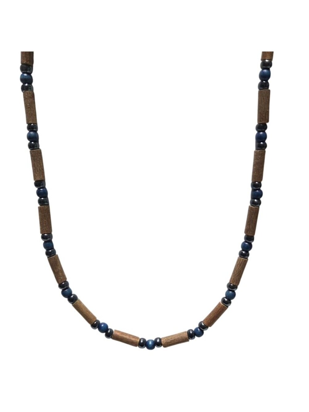Boho Wood Blue Bead Necklace Lightweight Handmade Fashion Jewelry Unisex